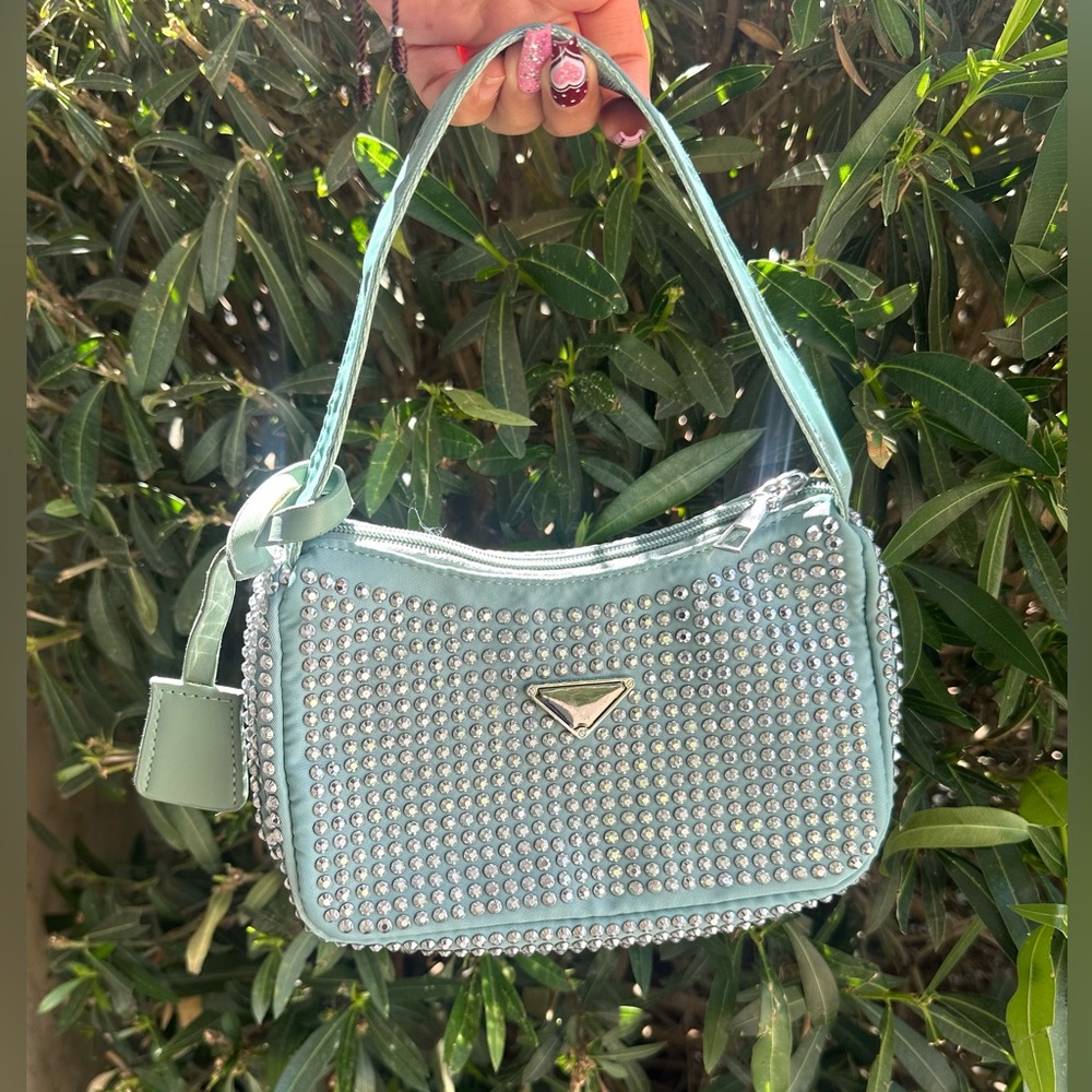 Rhinestones shoulders bag light green mint color women’s bag